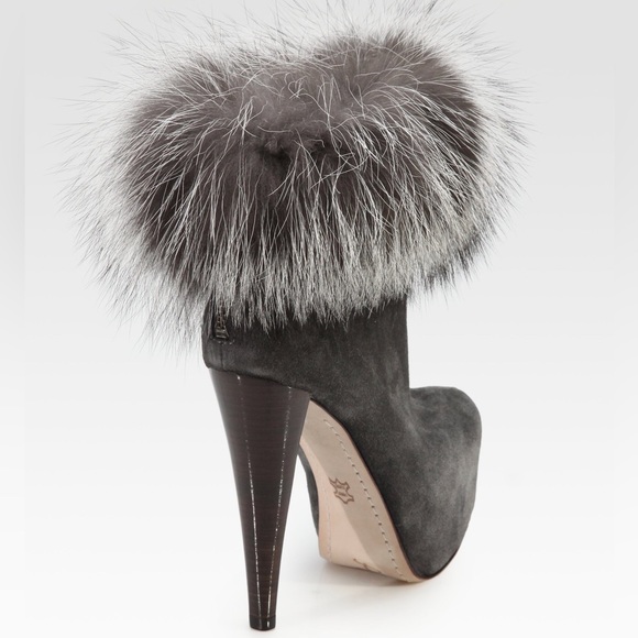 NWOB Alice + Olivia Penelope Grey Suede & Fox Fur Ankle Platform Bootie - Picture 2 of 7